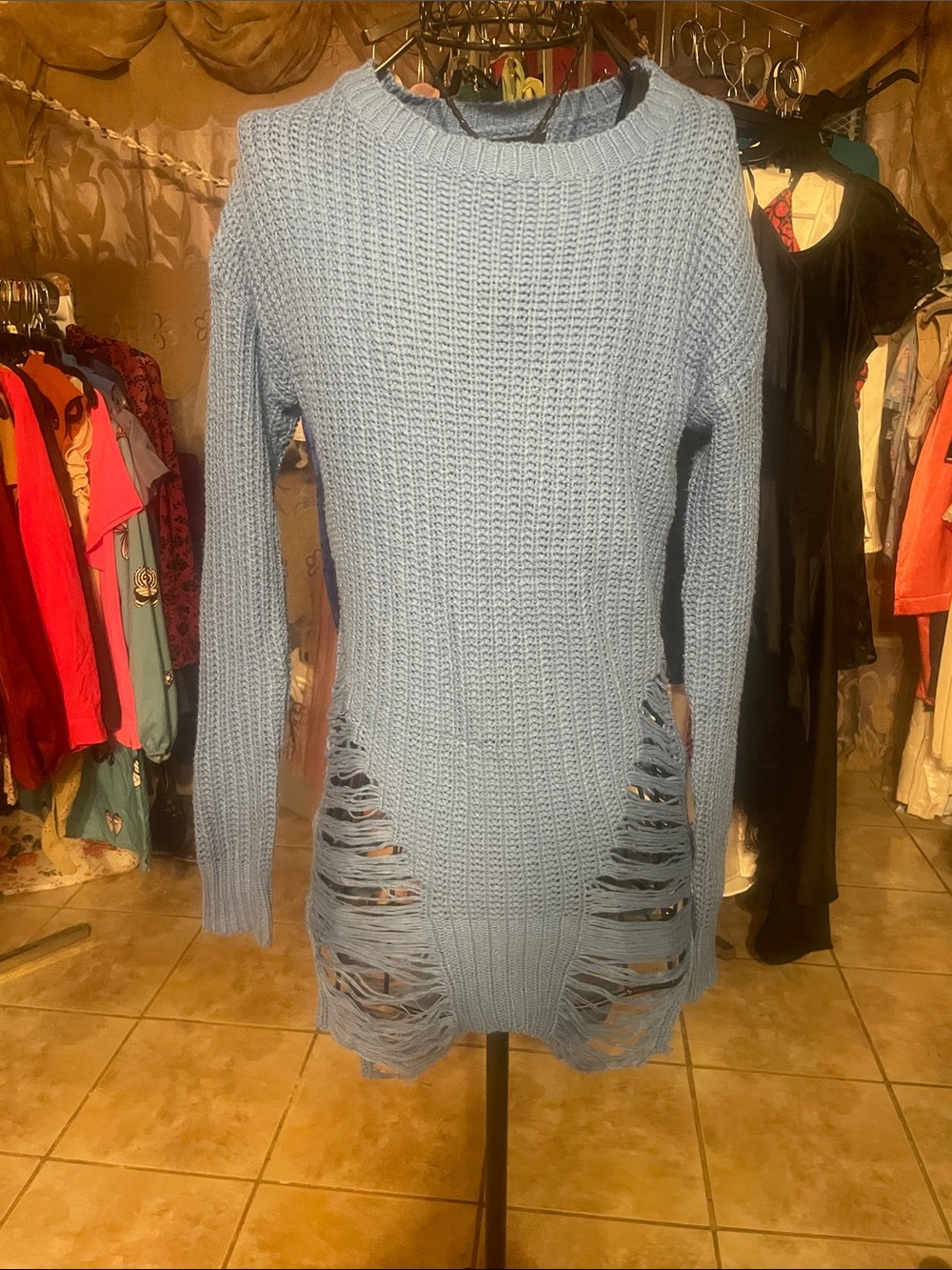 Blue Distressed Knit Women’s sweater